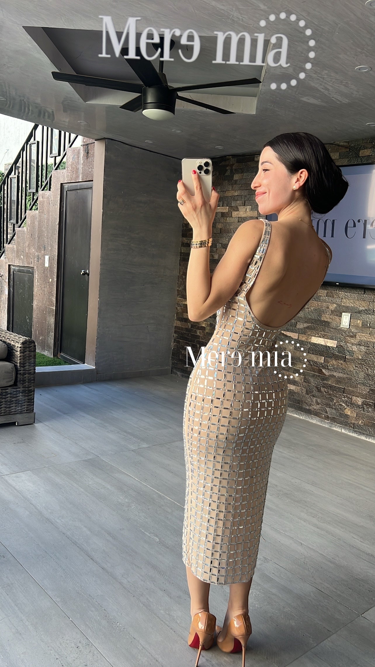 Vestido nude apl plata cuadros