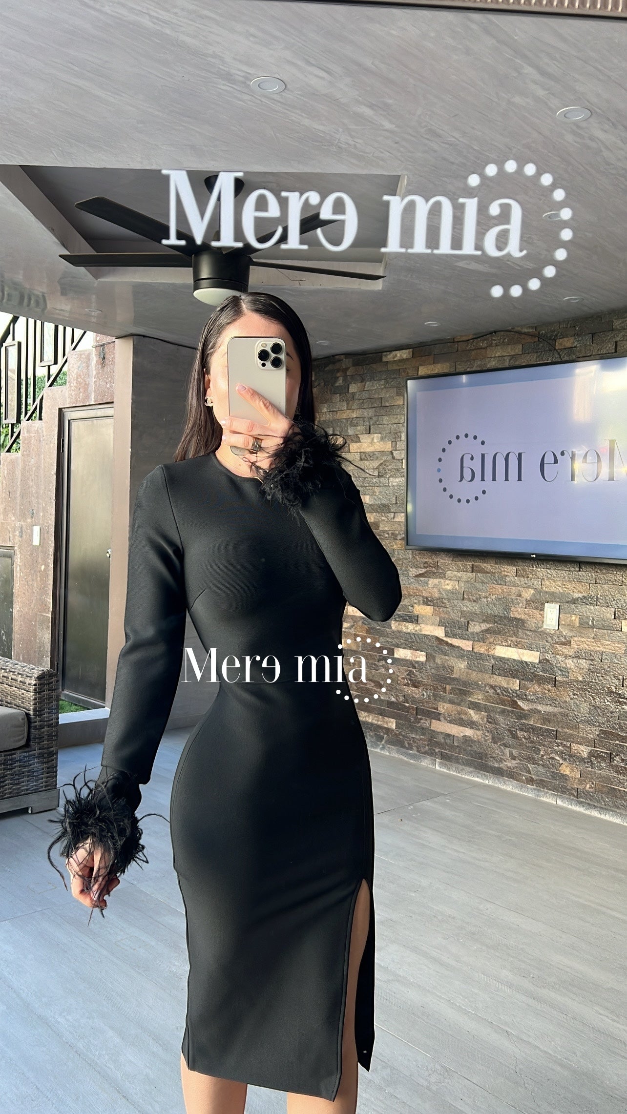 Vestido negro plumas mangas