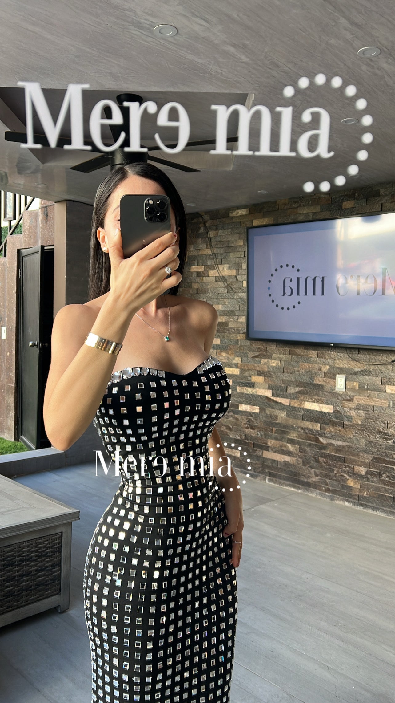 Vestido negro cuadro plata