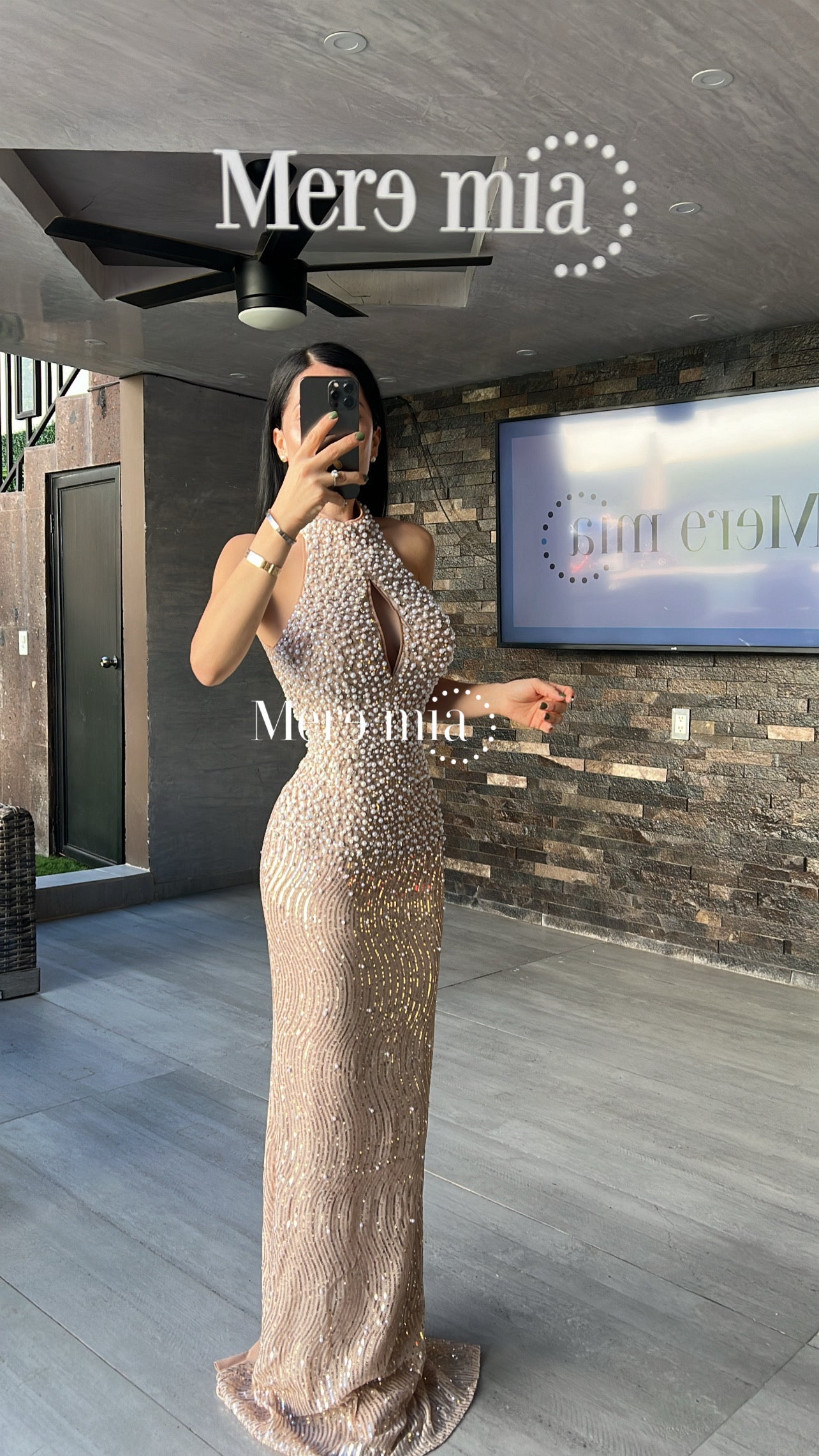 Vestido Nude Halter con Pedrería