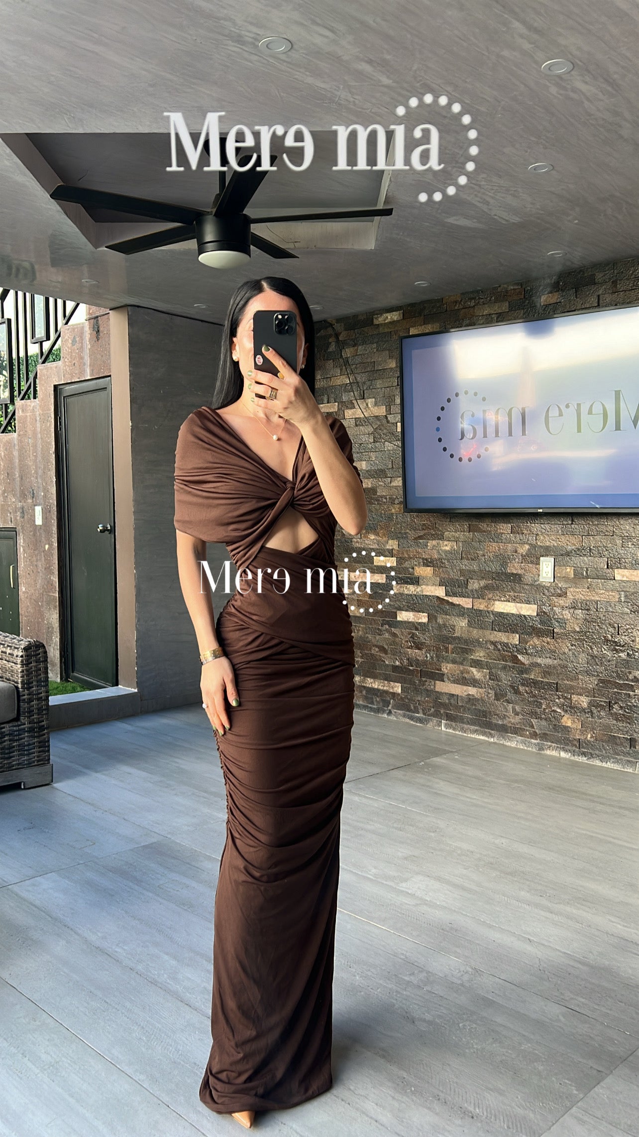 Vestido Café Draped Off-Shouldes