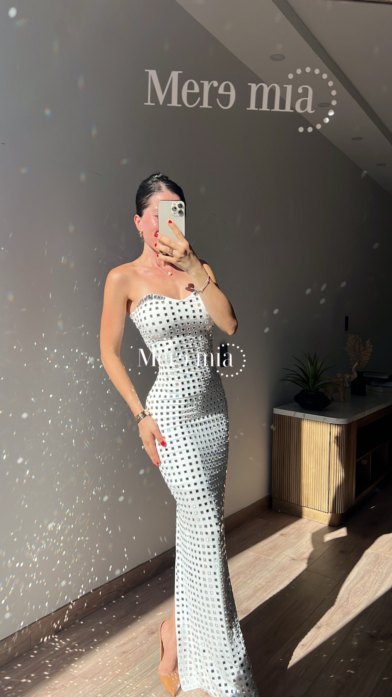 Vestido blanco cuadro plata