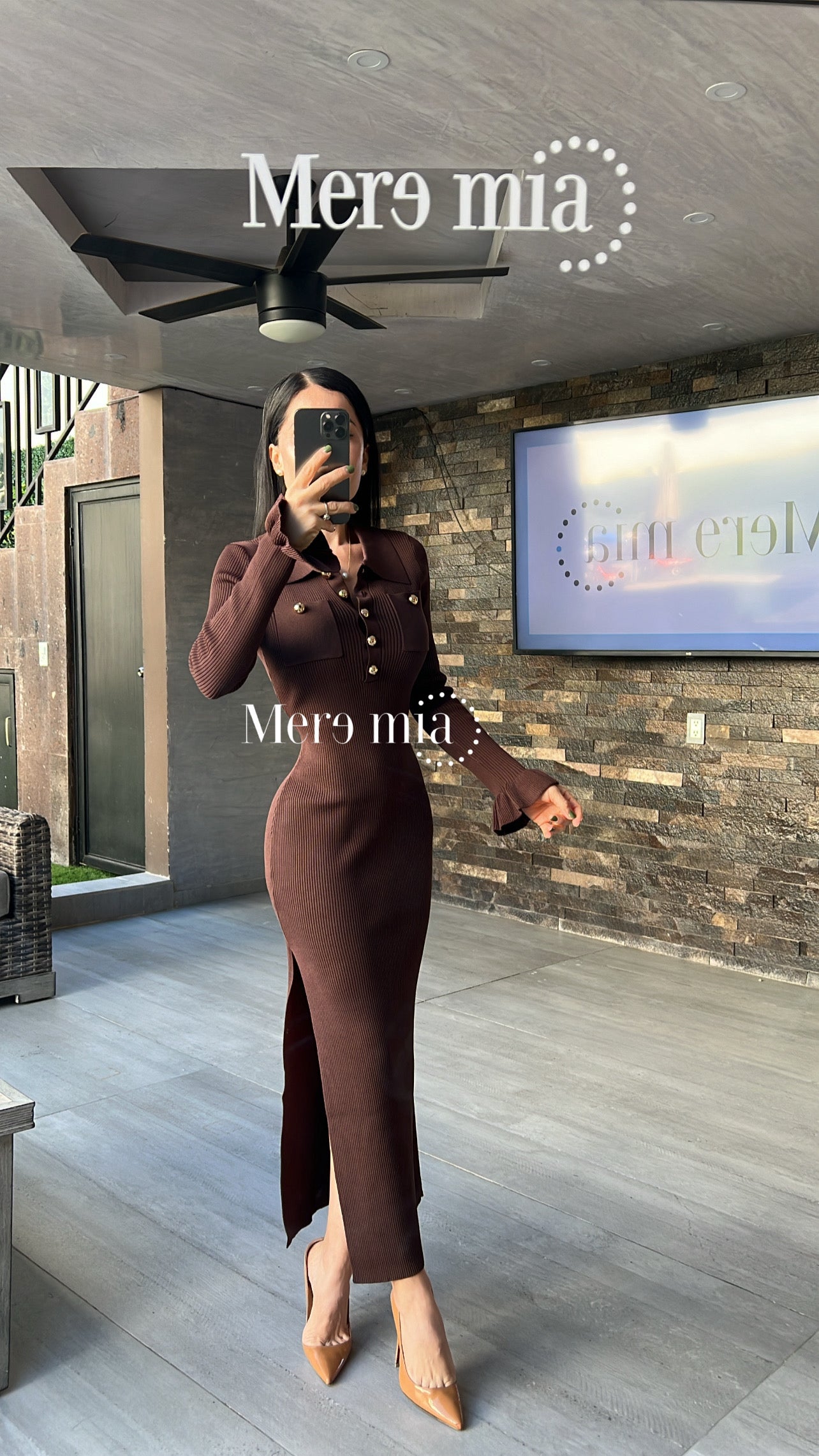 Vestido café cuello olanes