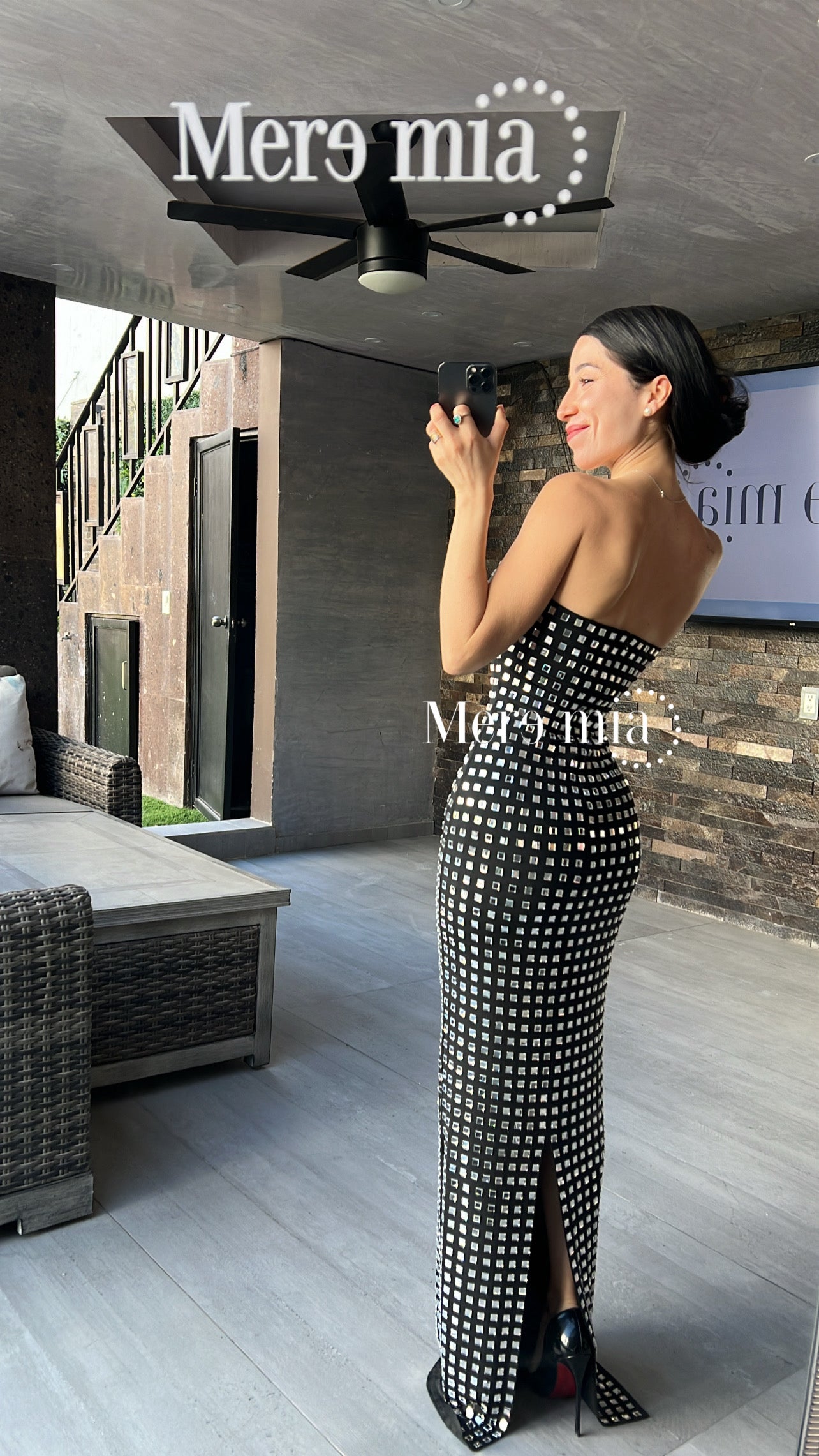 Vestido negro cuadro plata