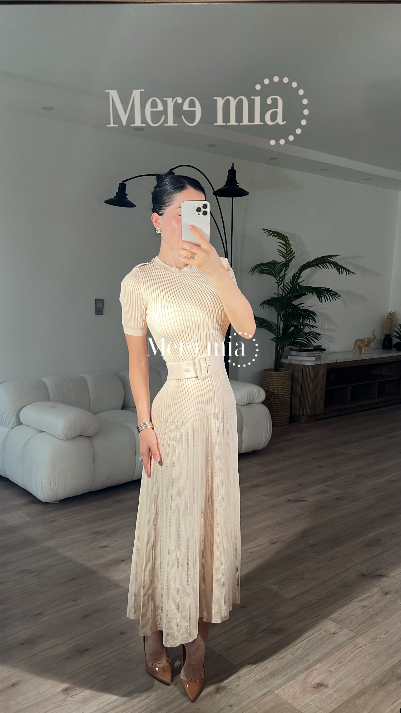 Vestido beige rayado cint