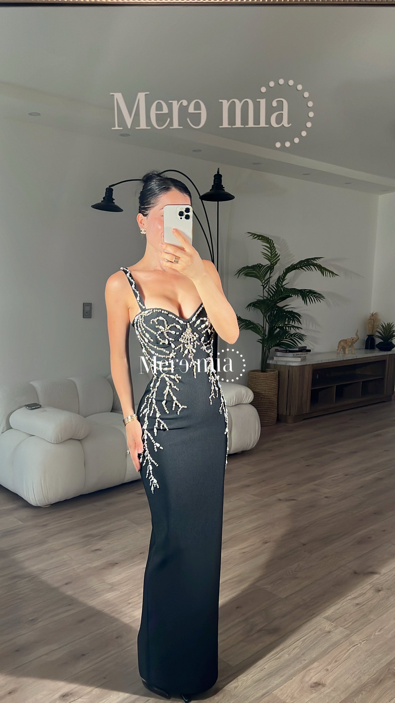 Vestido negro ramas plata