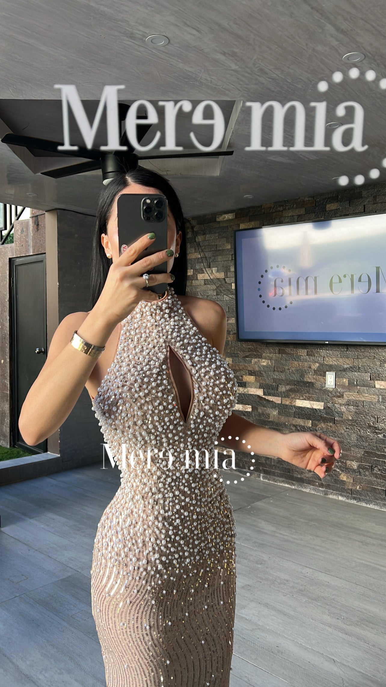 Vestido Nude Halter con Pedrería