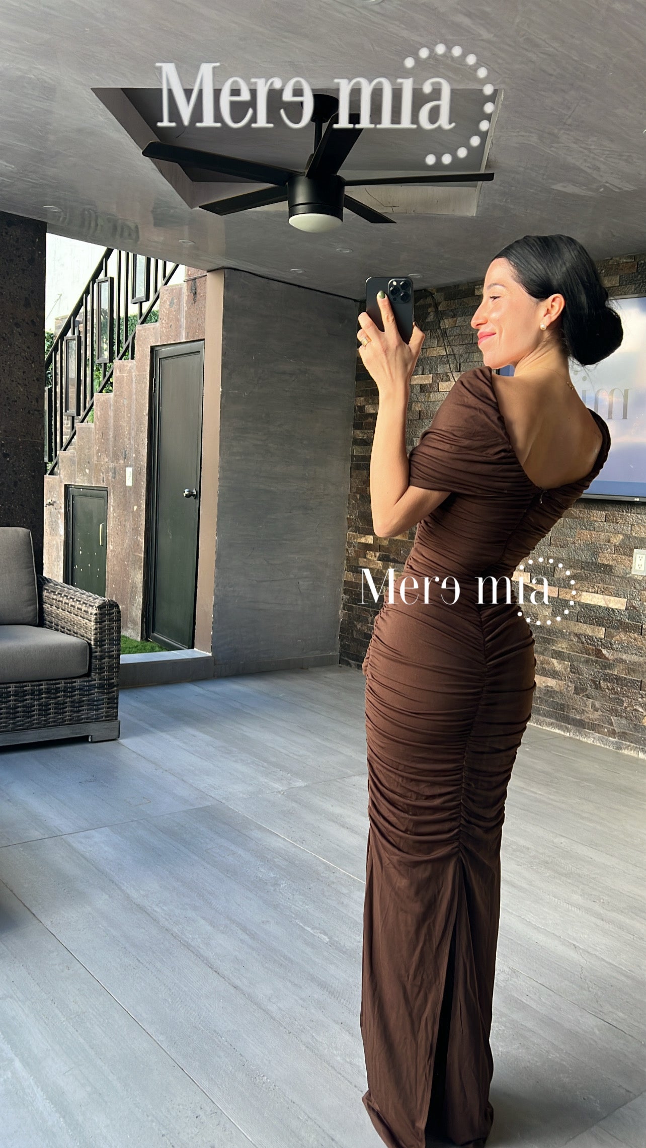 Vestido Café Draped Off-Shouldes