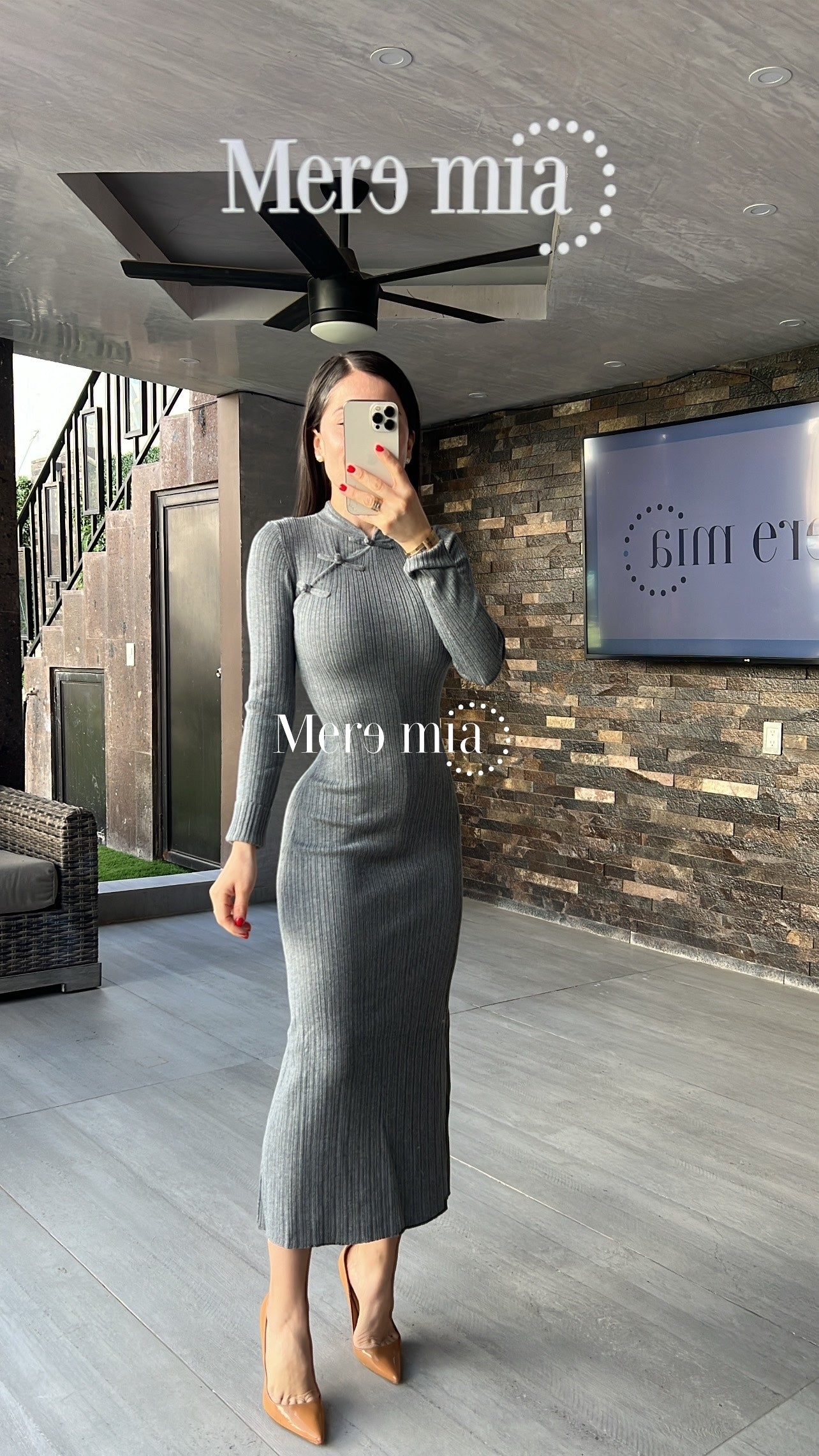 Vestido gris rayado moños