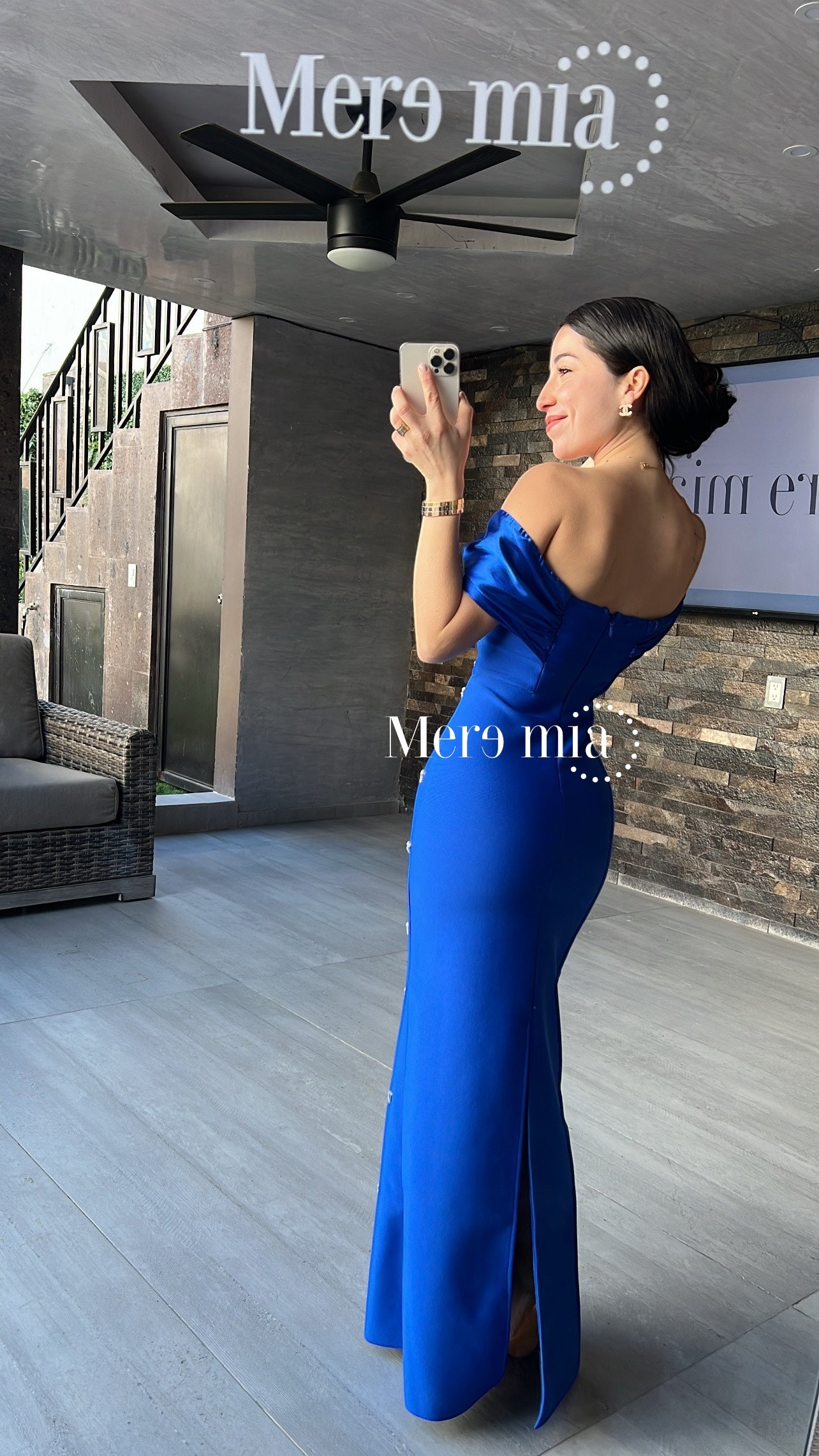 Vestido azul olan sat hombros