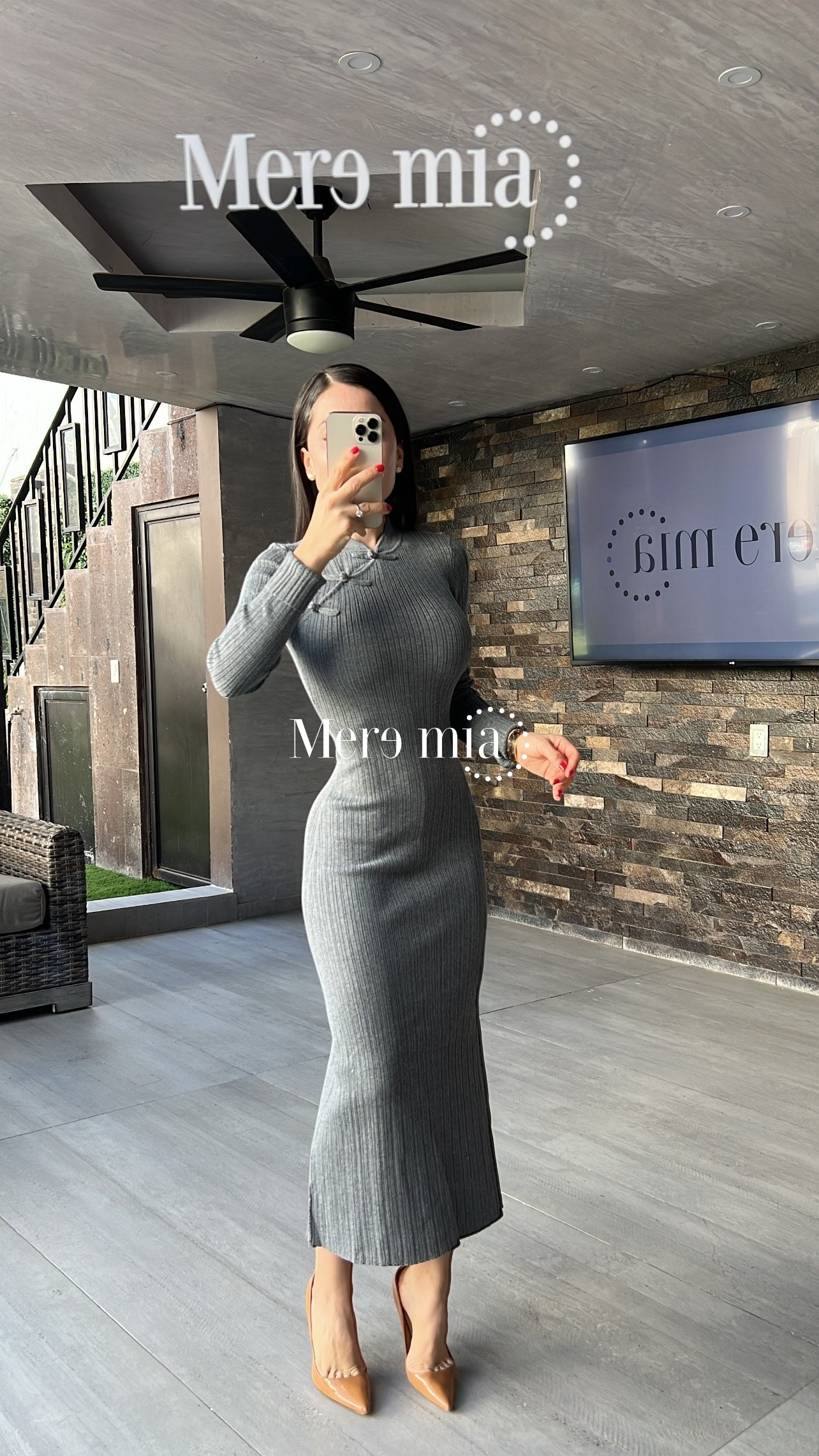 Vestido gris rayado moños