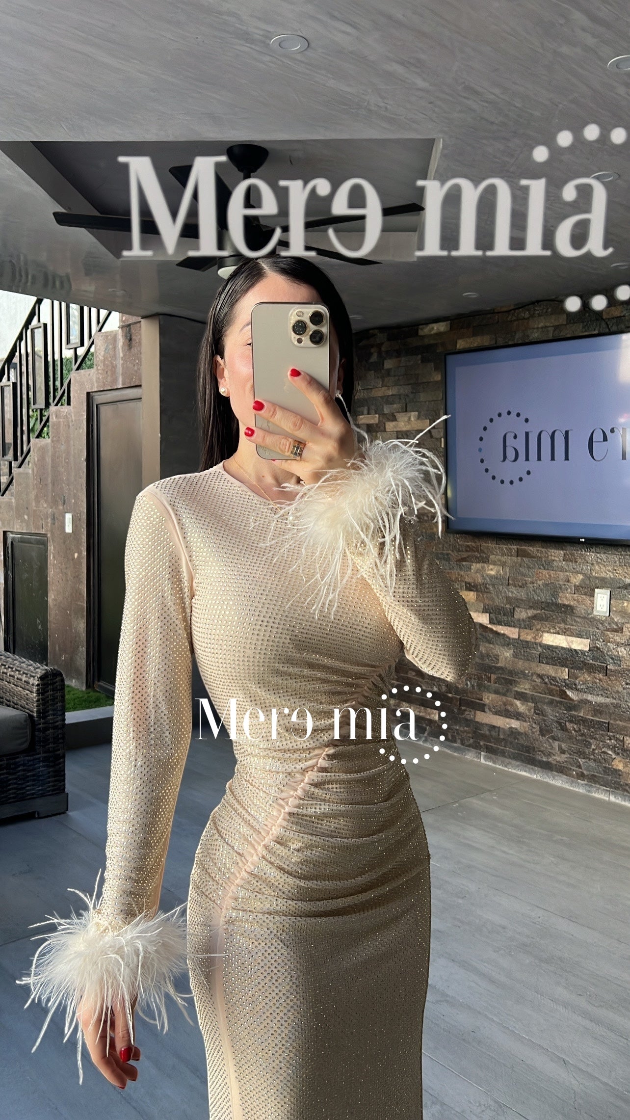 Vestido nude puntos plumas