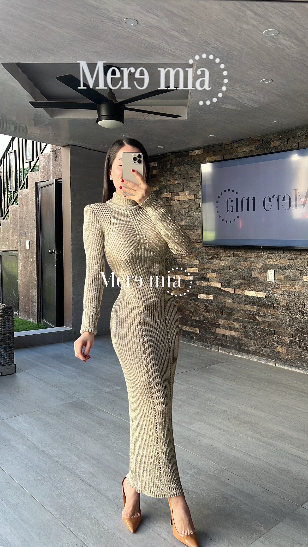 Vestido camel rayado cuello