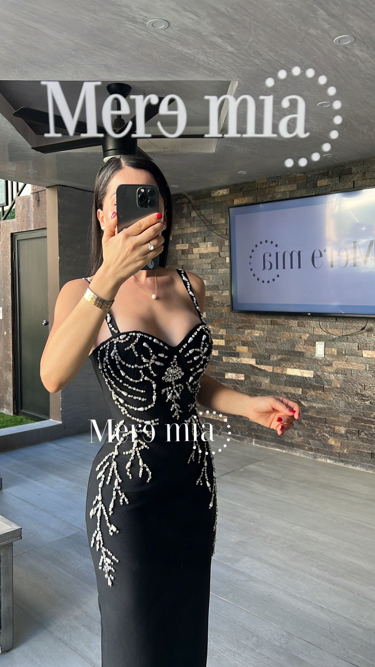 Vestido negro ramas plata